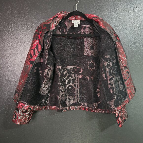 Vintage Tapestry Brocade Paisley Art to Wear Jacket Red Black Metallic M - Picture 3 of 11